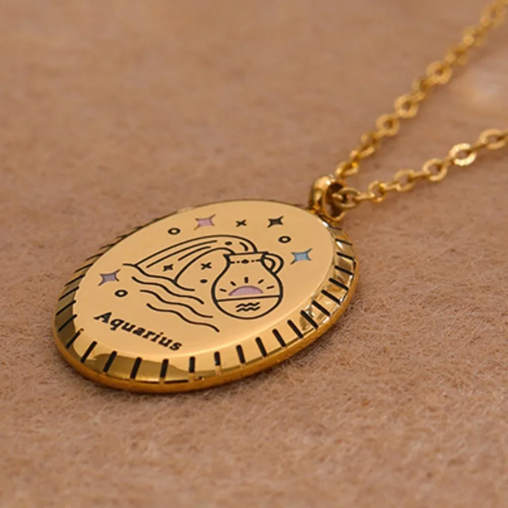 AQUARIUS--NEW 18K Gold Plated Sign Zodiac Oval Pendant Necklace